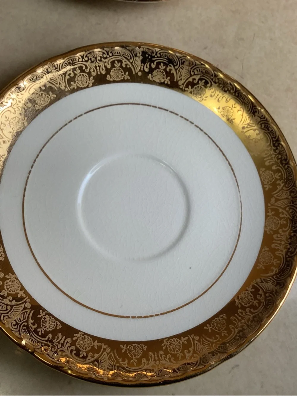 Vintage Crooksville China Co 22K Gold Colonial Courting Couple tea cup & saucers